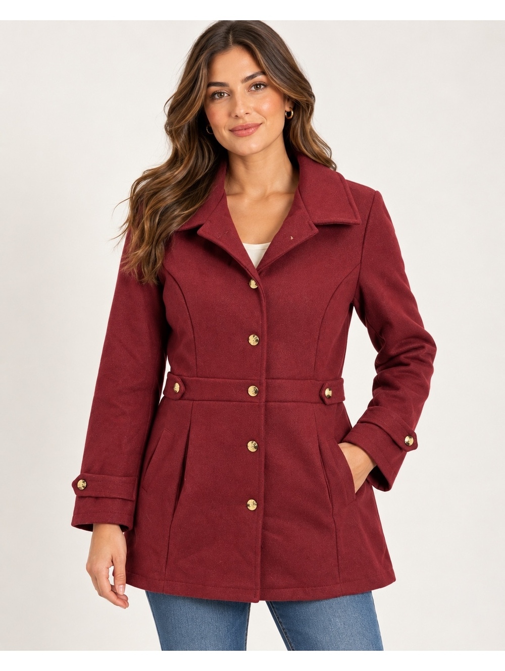 Women’s Burgundy Tailored Coat Gold Buttons Size Large Long Sleeve Jacket